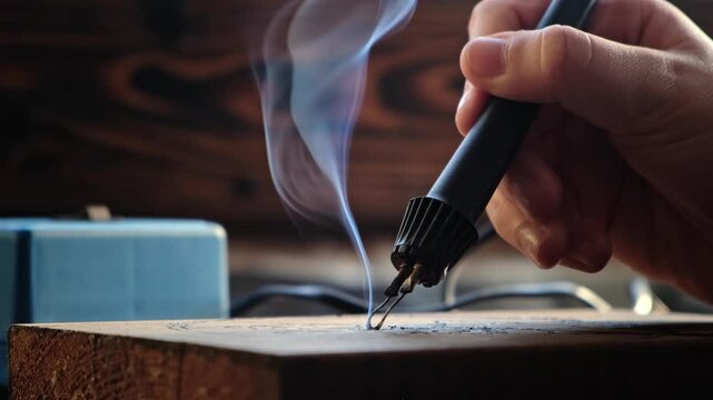Burn out the picture. Woodburning or pyrography. An artist drawing on a wooden plank with pyrograph. Wood burning ASMR creative hobby. Art class workshop. Creative activity. High quality 4k footage.