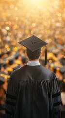 Back View of Graduate at University Ceremony, Surrounded by Fellow Graduates