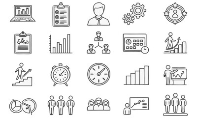 Fototapeta premium a set of 24 black and white icons, minimalist design, simple line art, project management, business analytics
