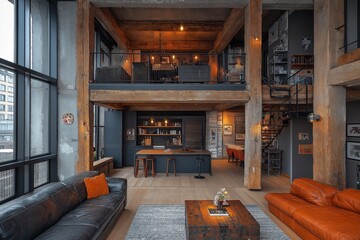 Industrial loft with wooden beams and modern furniture