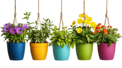 Colorful hanging flower pots showcasing vibrant blooms and lush greenery in various shades.