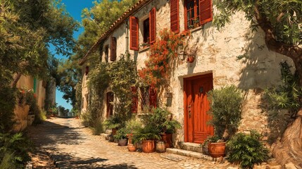 Fototapeta premium Rustic stone cottage with lush greenery and cobblestone path