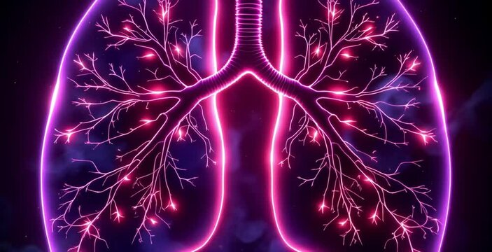 Neon artistic illustration of lungs, air flow and respiration. Concepts lungs, neon glowing, respiration, air flow, health, anatomy, healthcare, respiratory science, education, medical illustrations.