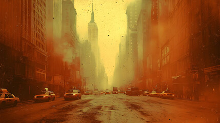 Urban cityscape, hazy and warm tones