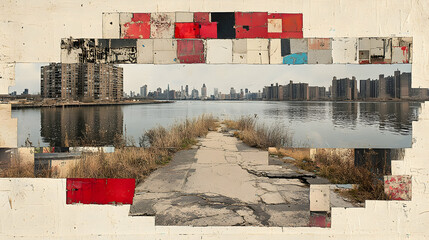 Urban landscape collage, showing a path by a river, with city skyline in the background.  A mix of textures and colors creates a unique perspective