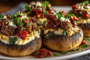 Savory stuffed mushrooms topped with fresh herbs and sun-dried tomatoes
