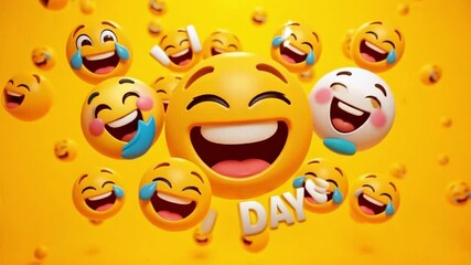 4K World Laughter Day video featuring smiling faces and animated laughing emojis on a bright yellow background