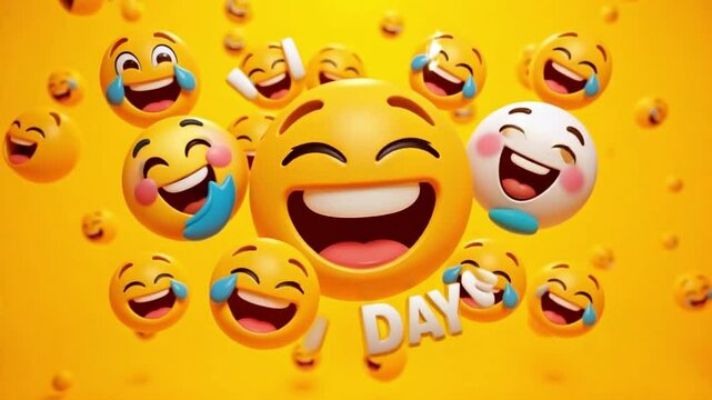 4K World Laughter Day video featuring smiling faces and animated laughing emojis on a bright yellow background