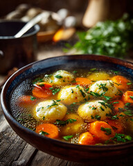 Golden broth with dumplings and greens showcasing comfort in a rustic kitchen