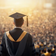Back View of Graduate at University Ceremony, Surrounded by Fellow Graduates