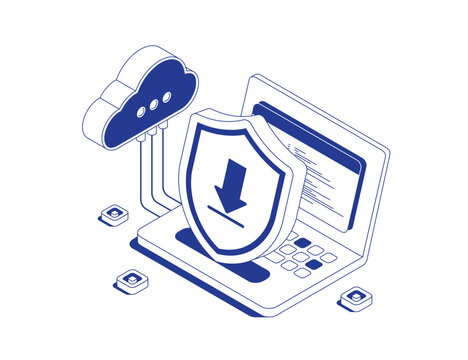 Laptop connected to cloud service with download shield icon symbolizing secure file transfer in isometric line contour vector illustration.