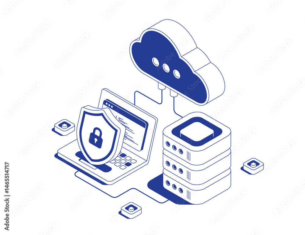 Poster cloud computing technology with laptops and server rack protected by security shield and lock symbol