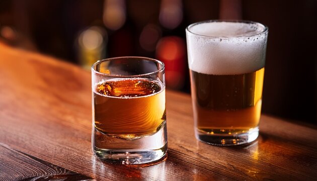 a shot of liquor and a glass of beer at a pub