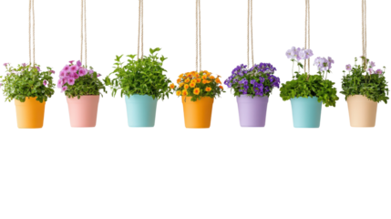Colorful hanging flower pots with vibrant blooms bring a cheerful ambiance to any indoor or outdoor space.