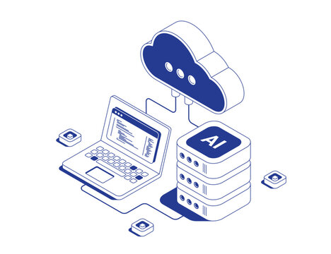 AI Server Rack, Cloud Computing Technology and Software Developer Coding Python on Laptop. Modern Isometric Vector Illustration of Big Data, Cybersecurity and Machine Learning Infrastructure