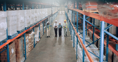 Distribution warehouse, people and management team for logistics, inventory or inspection by...