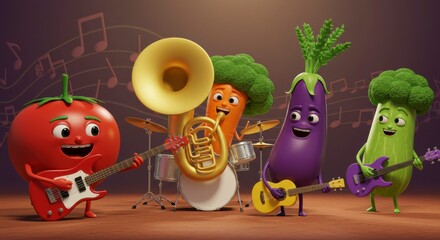 Cartoon vegetables playing musical instruments.  Animated, cheerful, musical fruits and veggies