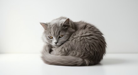 Grey cat curled up resting against white background