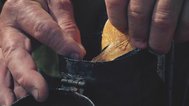 Close up of old beekeeper's hands lighting birch bark to start smoker. Old smoker, beekeeping tool, held by man's hand, farm in background, beekeeping concept.