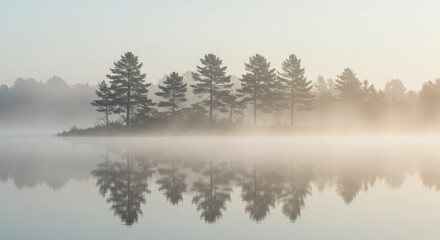 Fototapeta premium Misty morning on a serene lake, with trees silhouetted against the tranquil atmosphere