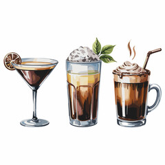 Watercolor Coffee Cocktails with Citrus Garnish and Cream