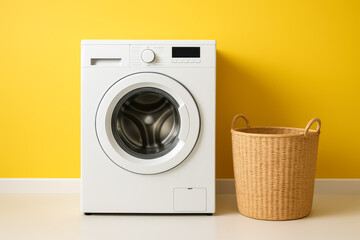 Minimalist washing machine with basket in front of vibrant yellow wall