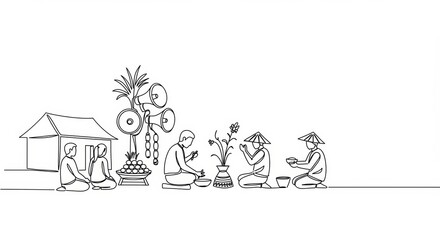 Minimalist line drawing of interrupted village ritual with loudspeakers presence