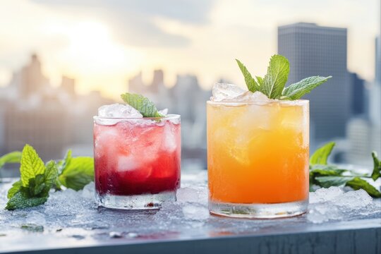 Refreshing cocktails symbolizing urban relaxation and summer drinks city escape with mint