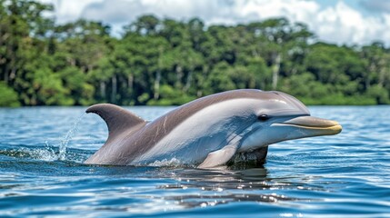 Dolphin emerging from water, lush forest backdrop