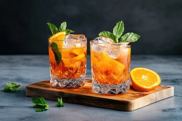 Fototapeta premium Refreshing orange drinks symbolizing summer relaxation and citrus flavor, with mint garnish on wooden board