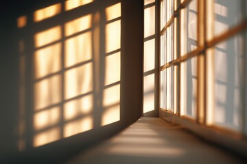 Warm sunlight casting window shadows on interior wall

