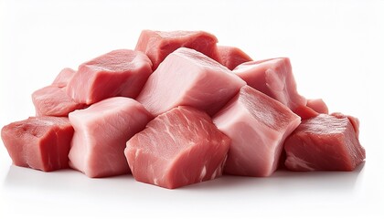pile of pork uncookes chopped cubes close up isolated on white background