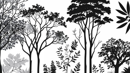 Obraz premium Black and white silhouettes of diverse trees and plants create a striking contrast in a minimalistic design
