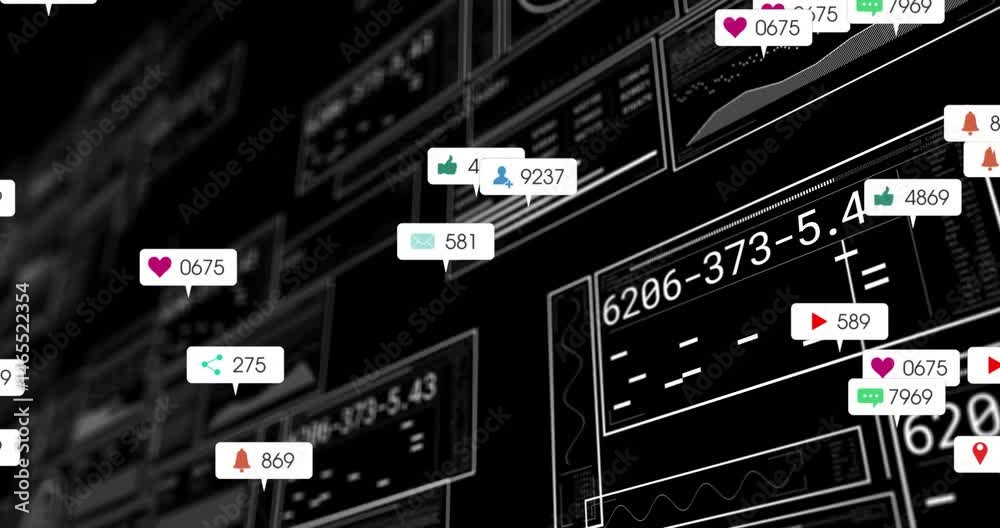 Poster social media notification icons displaying numeric counters over dark dashboard in 3d render