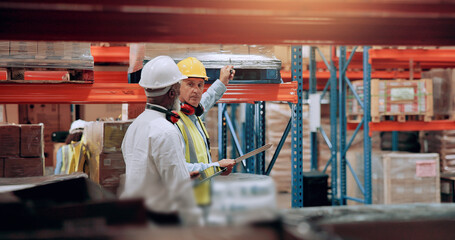 Warehouse, inspection and team walking for logistics, stock inventory or pointing by shelves....
