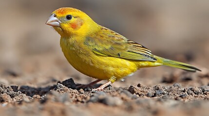 Fototapeta premium Close-up view of a vibrant yellow finch on the ground.