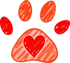 Pet paw with heart icon in children’s drawing style on transparent background
