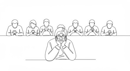 Solitude amidst connection: elderly woman's loneliness in digital age illustration