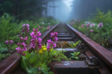 Vibrant purple flowers bloom amidst the rusting rails of an abandoned railway track disappearing into a misty forest.
