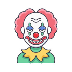 Illustration of a clown face with red hair, big smile, and painted eyes for circus or halloween party