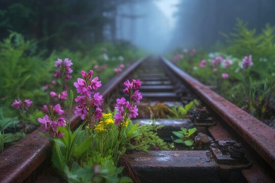 Vibrant purple flowers bloom amidst the rusting rails of an abandoned railway track disappearing into a misty forest.