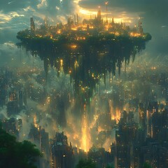 Fototapeta premium Futuristic Floating Metropolis Photo With Vibrant Lights And Dense Urban Sprawl