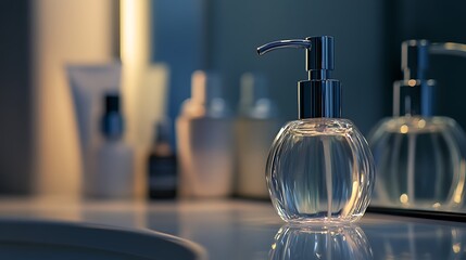 Close-up of a clear glass soap dispenser in a bathroom.