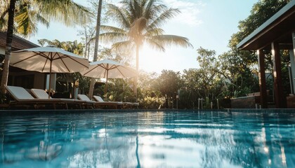 Obraz premium Tropical resort pool, sun, palm trees