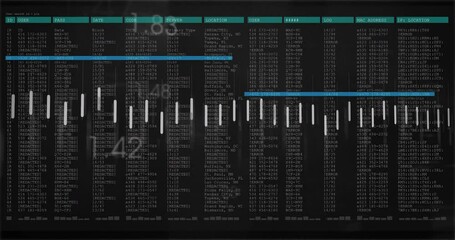 Monochrome interface being animated with network log table overlaid audio waveform in flat design