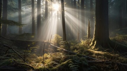 Sunbeams pierce a misty forest floor