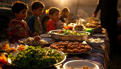 Children sharing a communal meal