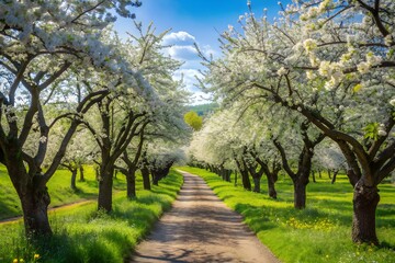 Winding Dirt Path Through a Blooming Spring Orchard