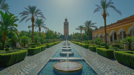 A vast, well-maintained garden with fountains, leading to a mosque