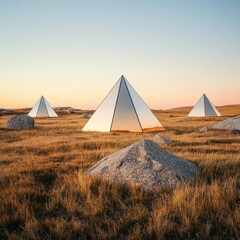 Mirror Pyramids in Grassy Field at Sunset, surreal, landscape
